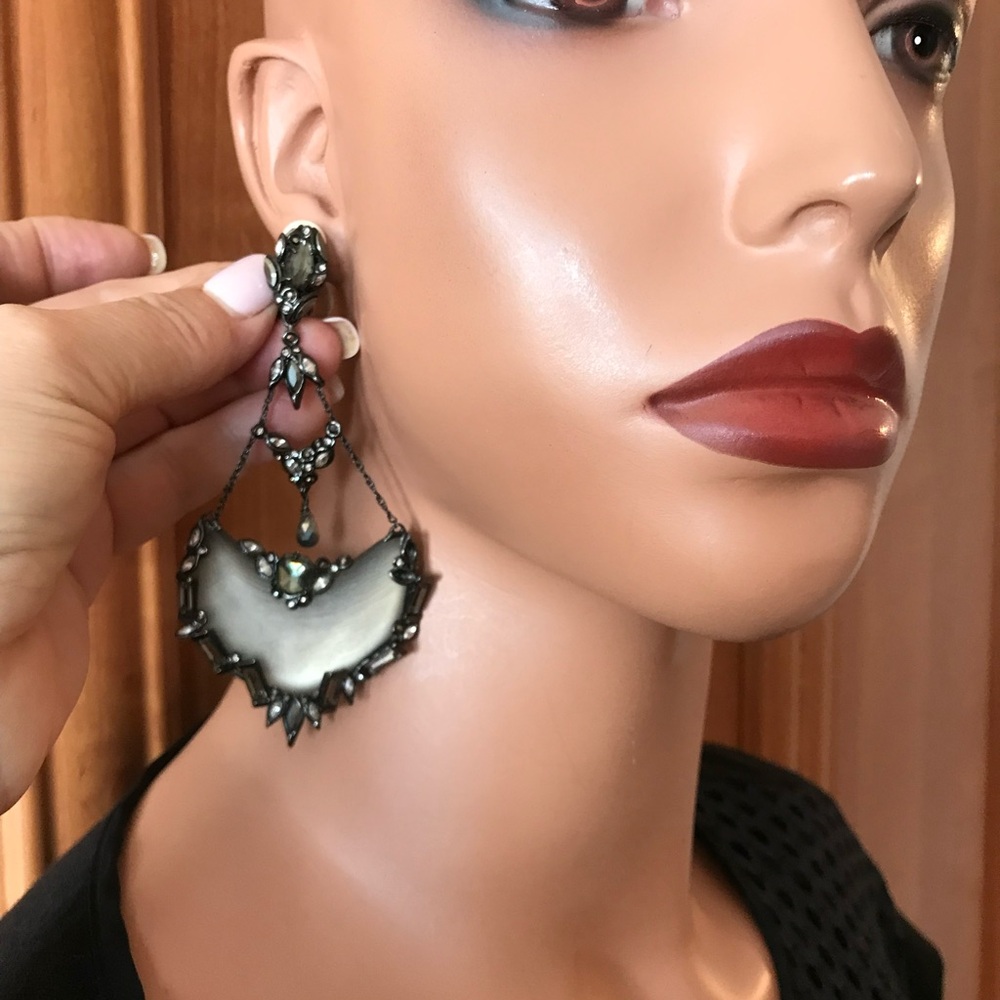 Alexis Bittar Taupe Lucite Clip On Chandelier Earrings with crystals. - Picture 2 of 9